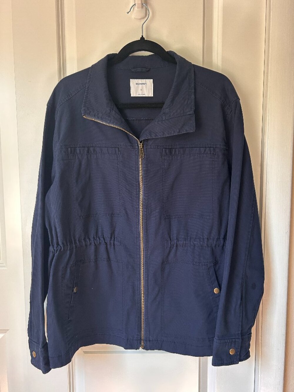 Old Navy Navy Blue Canvas Utility Jacket Drawstring Waist Zip Front Fall Size L